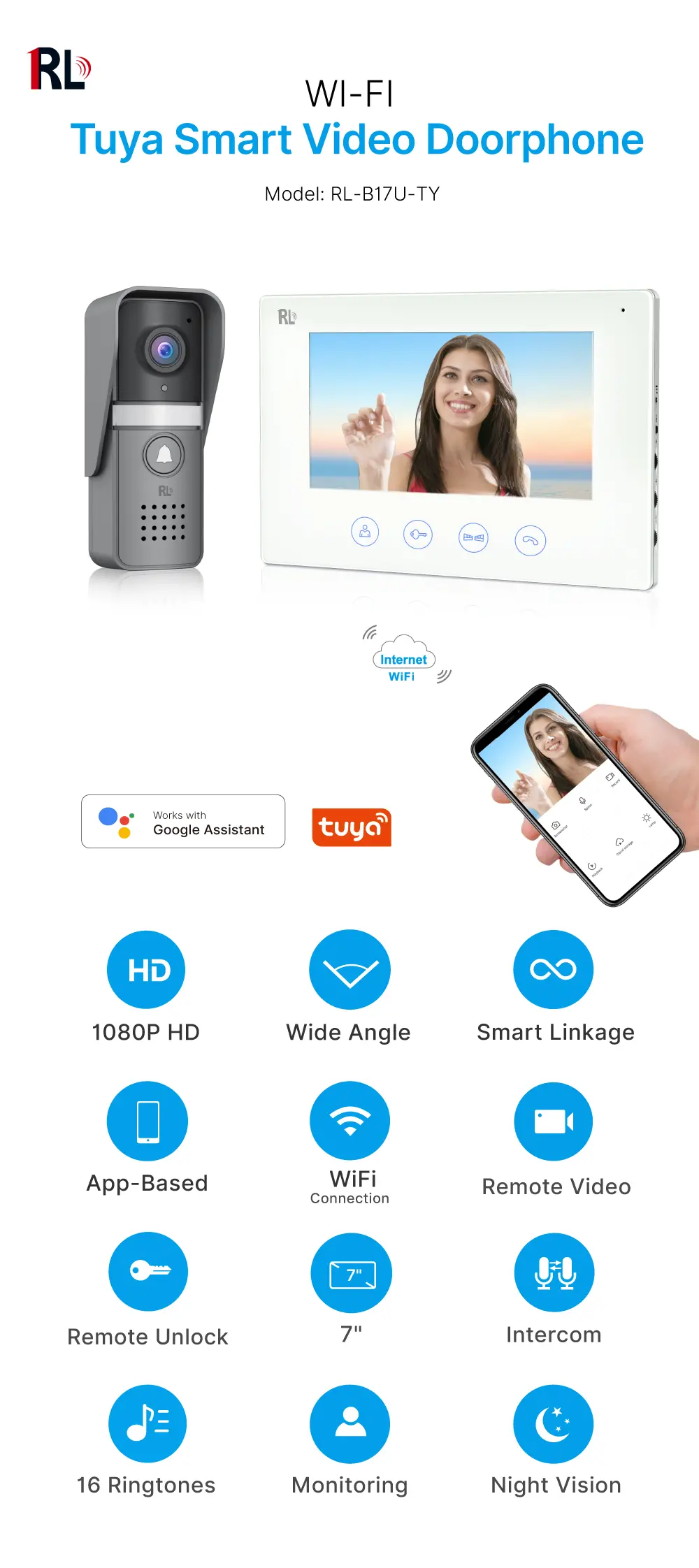 7英寸WIFI AHD可视门铃 #RL-B17U-TY-，支持Tuya智能APP远程监控、对讲和开锁。- 200万像素AHD摄像头。- 可选16种铃声。- 支持电锁和门禁连接。_01
