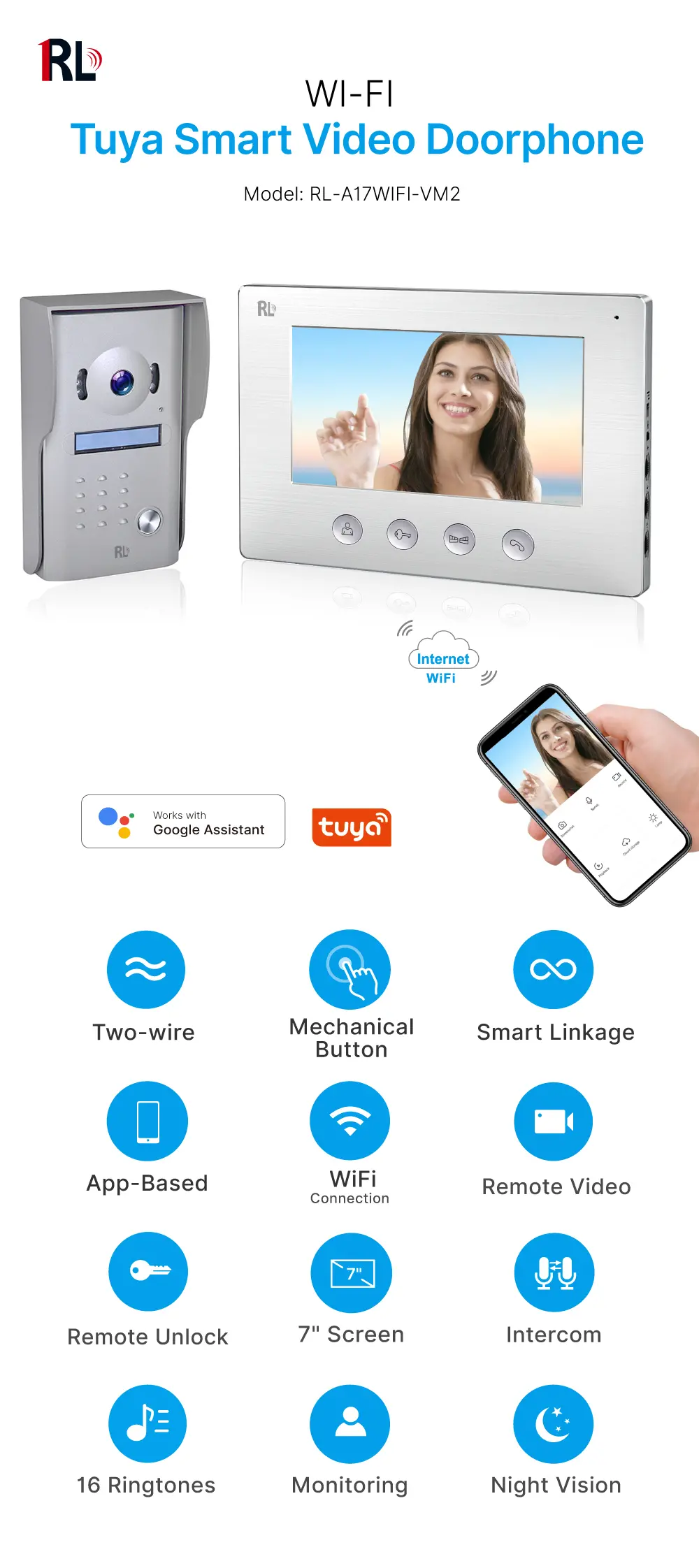 视频门铃，RL-A17WIFI-VM2，2线，图雅 WiFi，7英寸 TFT 屏，800*480，免提，开锁 _ 01