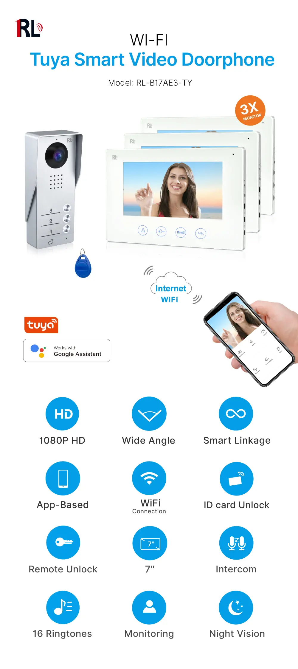 7英寸 带WIFI的AHD可视门铃，支持#RL-B17AE3-TY-个单元（最多3户）。- 夜间摄像头光补偿功能。- 可远程释放电子锁和门禁锁。- 通过Tuya Smart APP，实现远程监控、对讲及开锁。- 200万像素AHD摄像头。_01