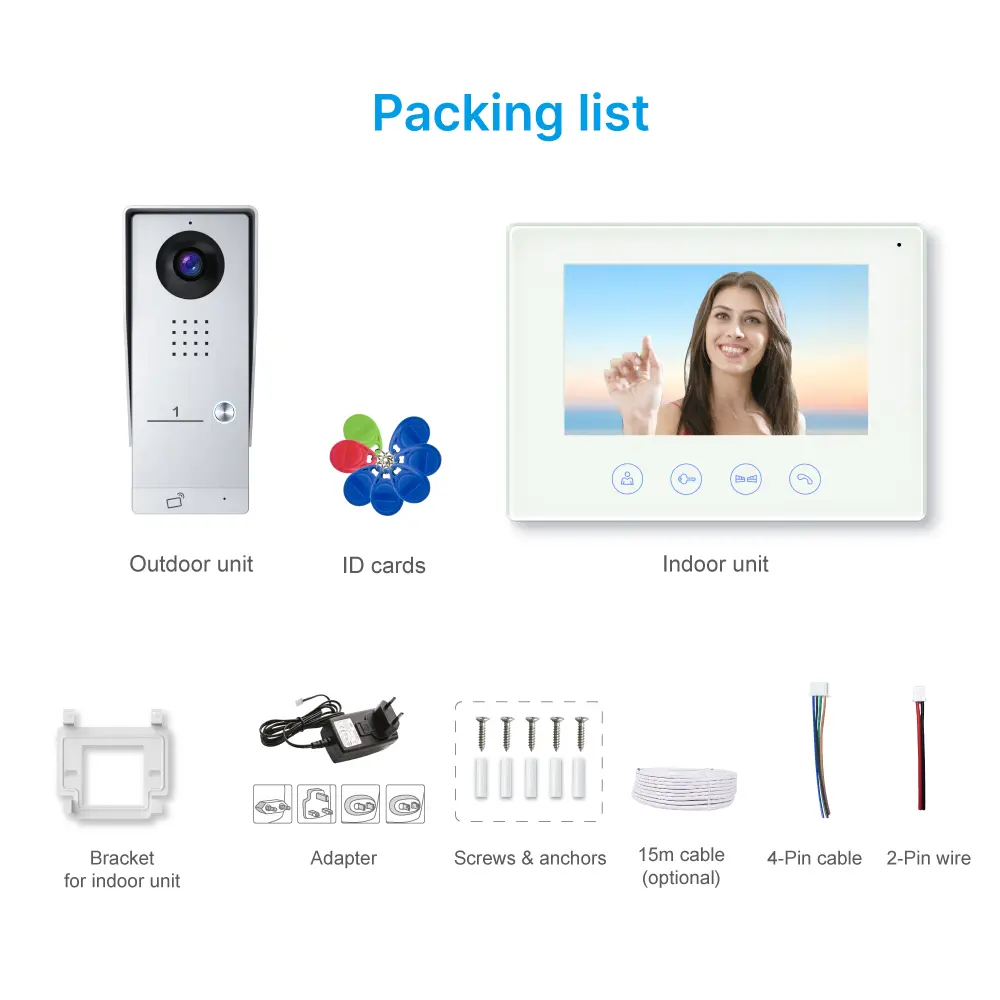 7英寸 WiFi AHD 视频门铃 # RL-B17AE-TY- 夜间摄像机红外补光。- 可远程电动解锁和机械开锁。- 通过 Tuya 智能 App，支持远程监控、对讲和开锁。- 200 万像素 AHD 摄像头。- 可选 16 种铃声。_ 11