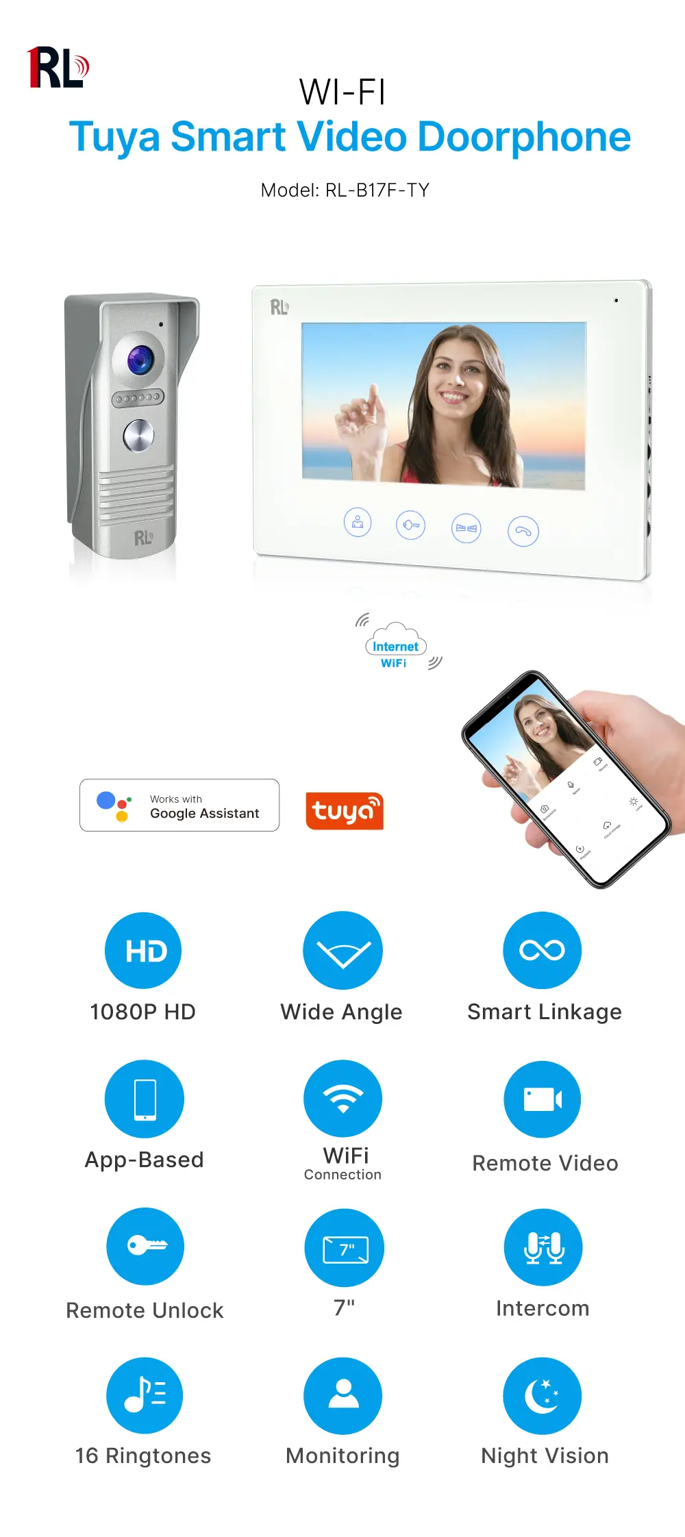 可视门铃，RL-B17F-TY, 4 芯线，Tuya WiFi，7英寸 FHD 屏幕，1024*600，108万像素高清摄像头，免提通话，远程开锁_01