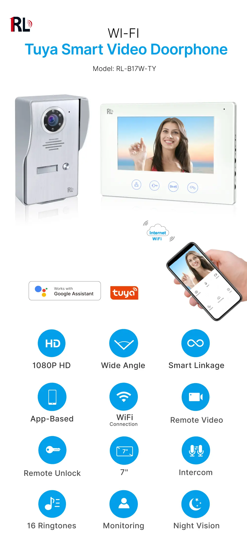 7英寸 TUYA WiFi 智能可视门铃——轻松4-wire连接，实现室内与室外设备互通。随时随地查看、聆听并与访客对话。1080P AHD 门铃——内置高清广角摄像头，适用于多种环境及户外场景；配备夜视功能_01