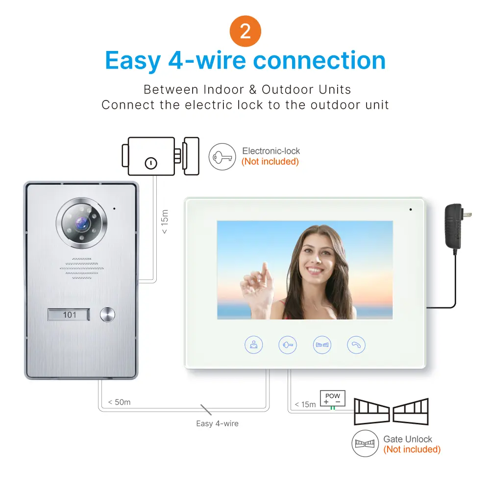7英寸 TUYA WiFi 智能可视门铃——轻松4-wire连接，实现室内与室外设备互通。随时随地查看、聆听并与访客对话。1080P AHD 门铃——内置高清广角摄像头，适用于多种环境及户外场景；配备夜视功能_10